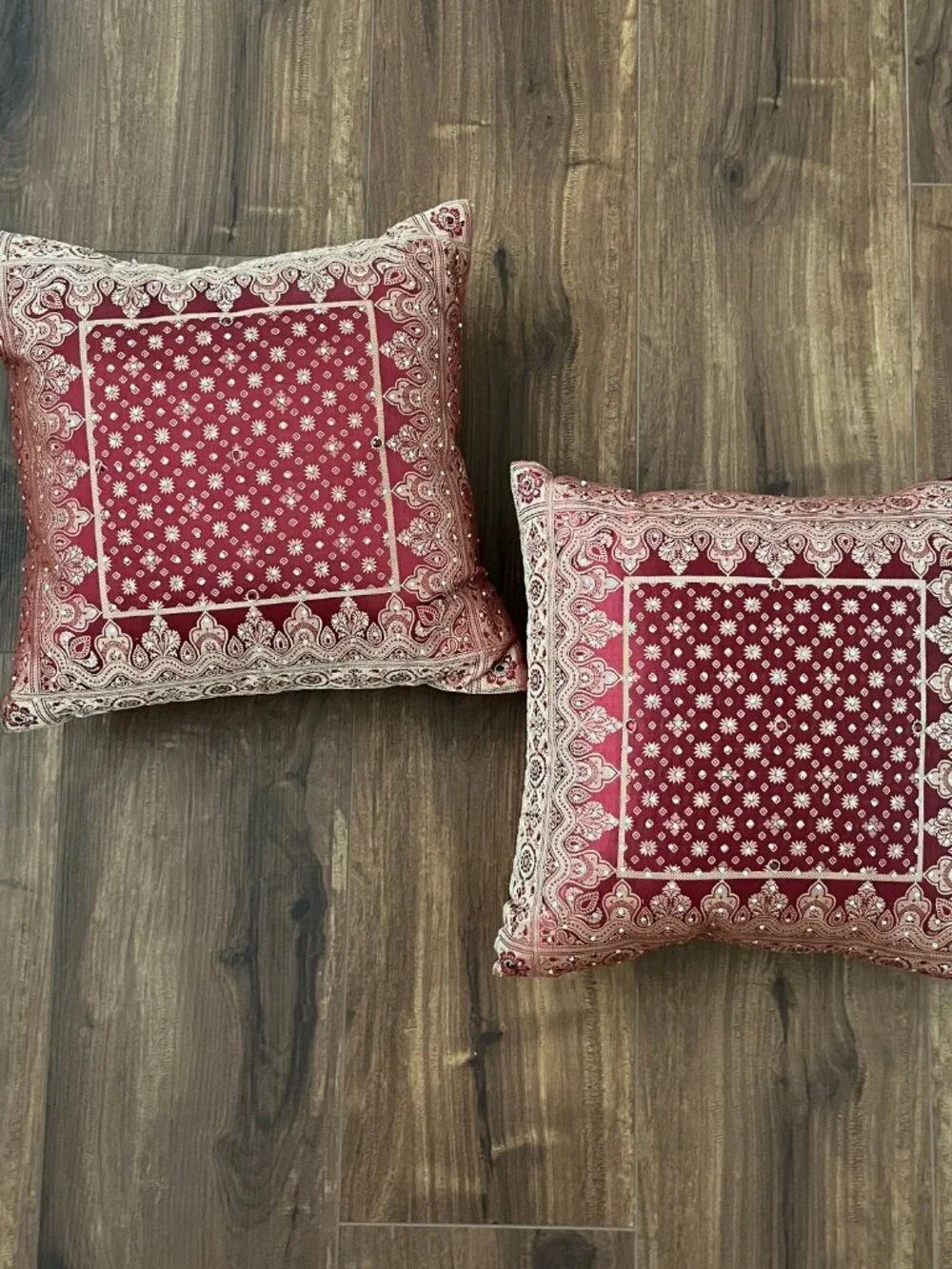 Red Beaded Throw Pillows Set of 2 Mughal Embroidered Boho Indian Bollywood Decor